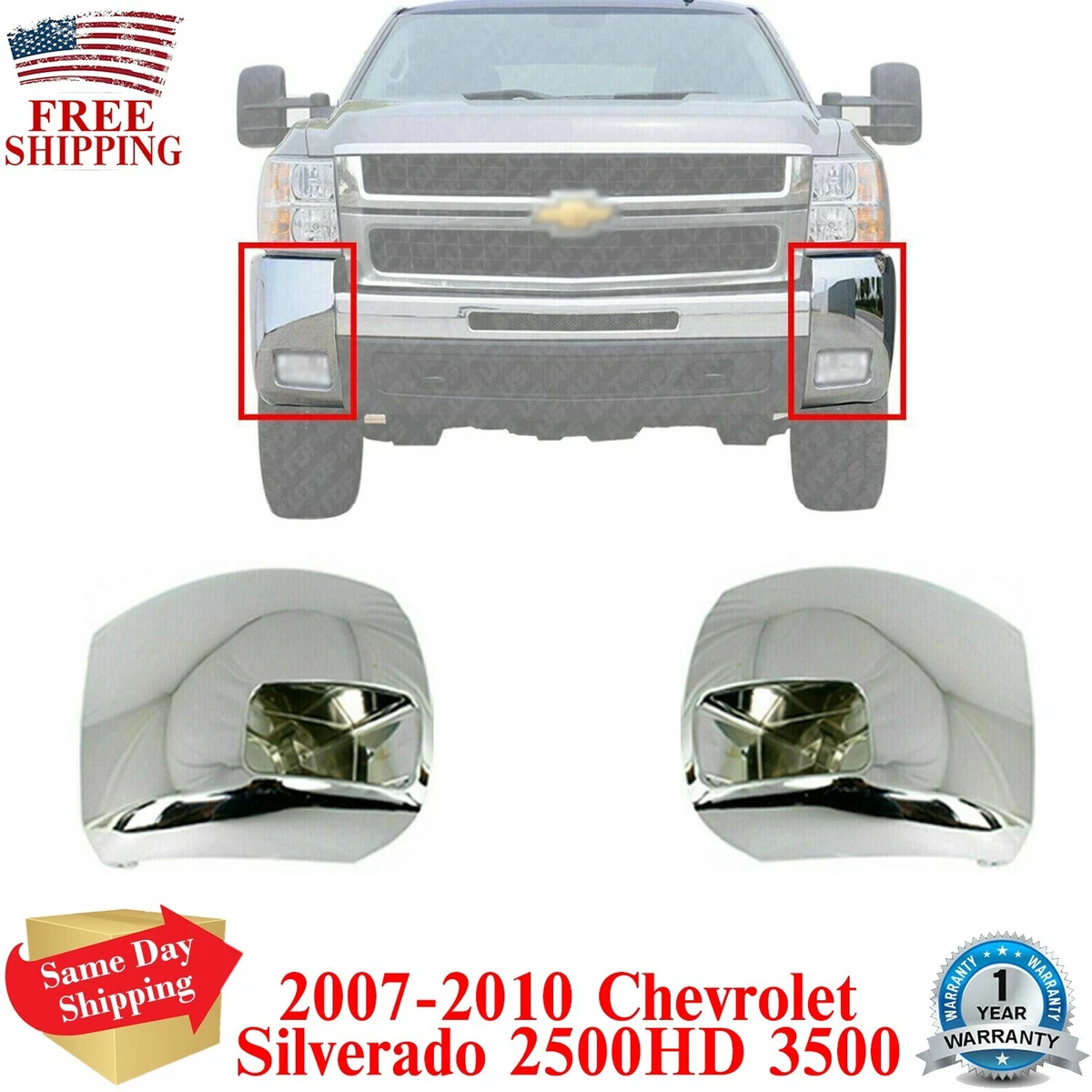 Set of 2 Front Bumper Chrome End Caps For 2007 2010 Chevy