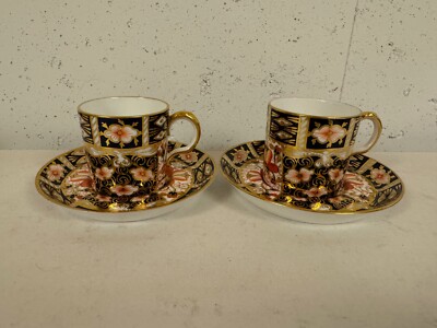 Antique Royal Crown Derby Porcelain Imari 2451 Pair of Demitasse Cups & Saucers