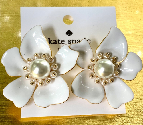 KATE SPADE Earrings ⭐️ New FLORA WHITE GOLD ENAMEL/PEARL/CRYSTAL PIERCED Flowers - Picture 9 of 22