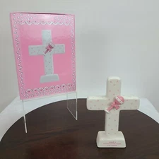 MSC Ceramic Baby Girl Cross Pink White Baptism Christening Gift Isaiah 66:13