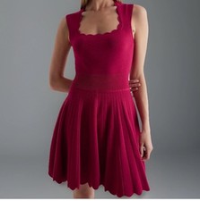 Express Red Knit Fit & Flare Scalloped Hem Feminine Pleated Party Dress S EUC