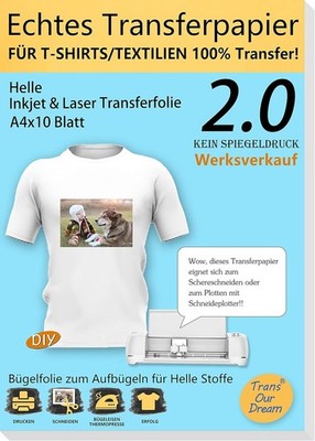 Transourdream Echte Inkjet/Laser T-Shirt Transferpapier Transferfolie Bügelfolie