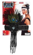 Black Sequin Adult Costume Flapper Headband With Peacock Feather One Size