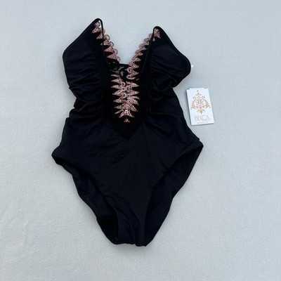 BECCA by Rebecca Virtue Black Lace Up Plunge One Piece Swimsuit Small