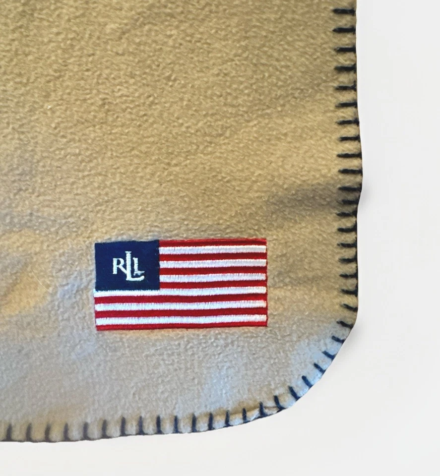 RALPH LAUREN Tan Fleece Blanket 50″×70″ – Flag Embroidered Trending Aesthetic - Image 3 of 4