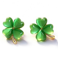 St Patricks Day Earrings for Women, Trendy Statement Four Leaf Medium, Green