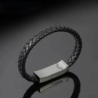 USB A to Type-C Bracelet Data Cable   22.5cm Fashion Leather Braided Wristband