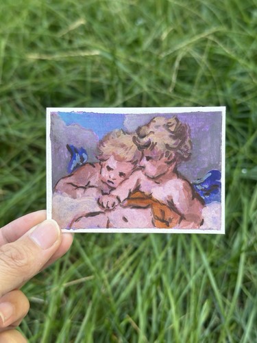 ACEO Cherub #42 Original Gouache Painting, Mini Art Card Illustration, OOAK