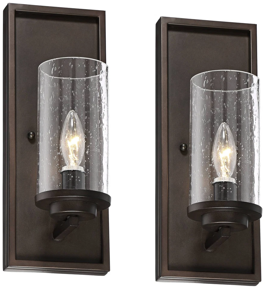 John Timberland Nobel 14" Glass and Bronze Wall Sconces Set of 2 - Image 2 of 4