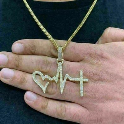 Herren 14K Gelbgold Finish Rundschliff D VVS1 Diamant Liebe Herzschlag Anhänger - Bild 1 von 3