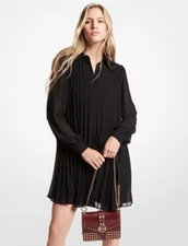 Michael Michael Kors Black Georgette Accordian Pleated Midi Shirt Dress Size 6