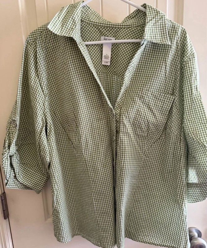 liz&co. Women Green White Gingham Collared Button Front 3/4 Sleeve Blouse 3X