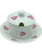 D. Porthault Paris Honey Pot & Saucer Les Coeurs Pink Hearts Porcelain Limoges