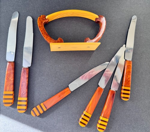Solingen Art Deco Bakelite Fruit Knife Set of (6) and Stand/Holder Butterscotch - Picture 8 of 9