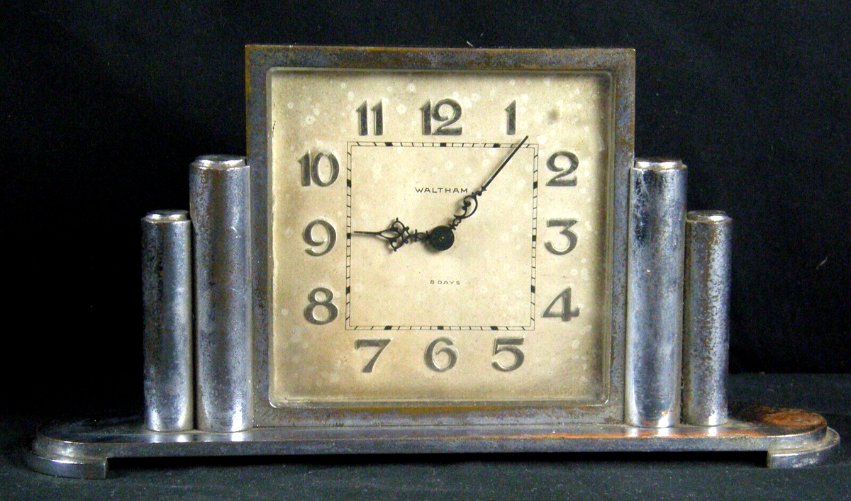 Antique Waltham Day Clock Wind Up Art Deco Chrome Pillar Desk