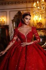 Custom Gorgeous Lace Red Wedding Dresses Sparkly Marriage Arabic Bridal Gown2025