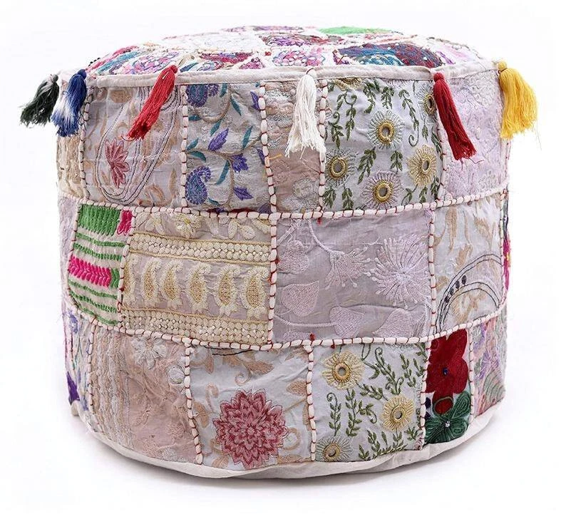 Indian Ottoman round stool pouf cover patchwork pouffe footstool cover storage - Image 4 of 4