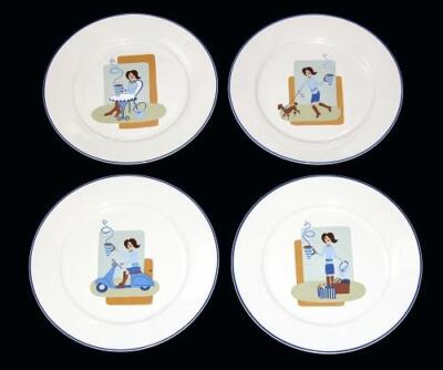 4 WENDOVERLANE Chic Sassy Girl Shopping Vespa Cafe Dog Coffee Salad Plates NWOT