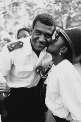Policeman with a reveller at the Notting Hill Carnival, London 1960s OLD PHOTO