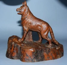 Chinese Vintage Boxwood Wood Carving Dog Statue Wooden Sculpture Home Decor