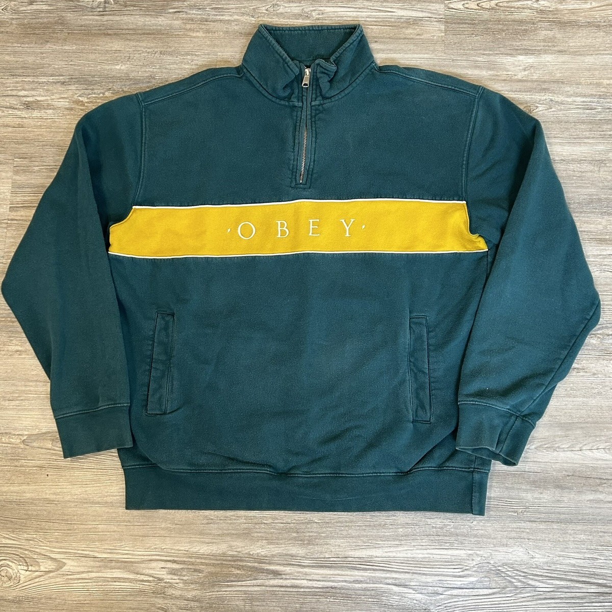 OBEY Sweatshirt Mens L Green/Blue Quarter Zip High-Neck OBEY Sweatshirt Mens L Green/Blue Quarter Zip High-Neck