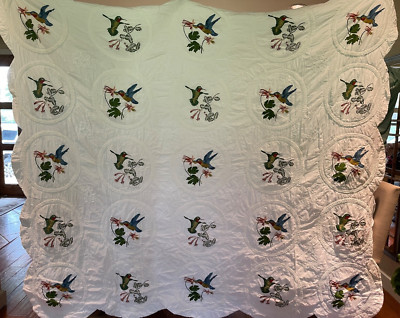 Vintage 1994 Queen Size Hummingbird Quilt with 2 Pillow Shams