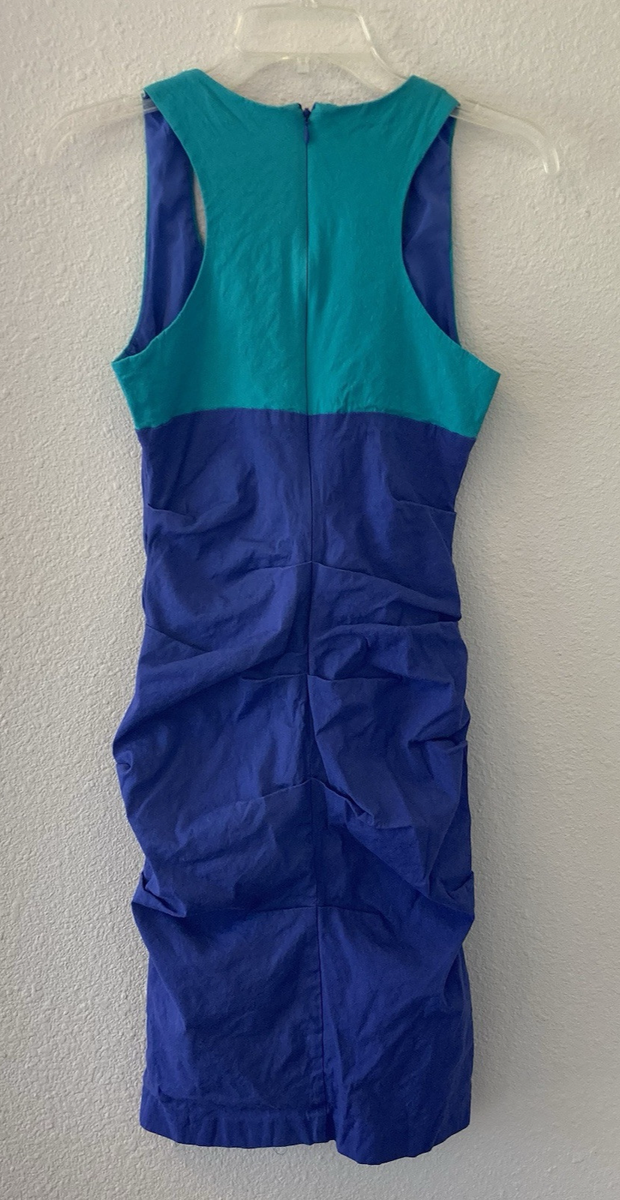 Nicole Miller Artelier Dress Sz 6 Blue Colorblock Ruched Linen Blend Art 2  Wear | eBay
