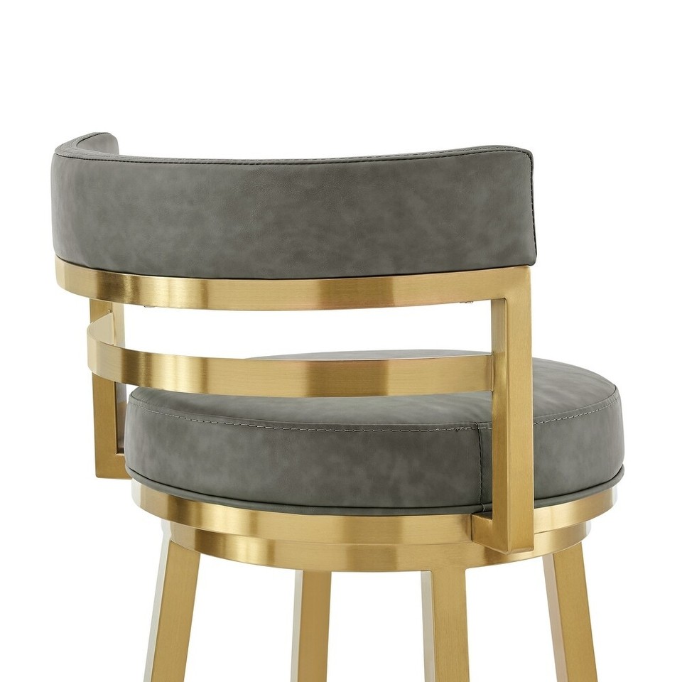 Set of 2 Gray Faux Leather Gold Steel Swivel Counter Height Barstool