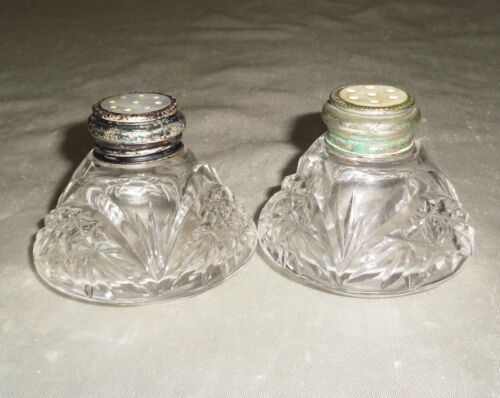 Cut Glass Pinwheel Hobstar Salt & Pepper Shakers Set w Abalone Sea Shell Tops - Picture 1 of 7