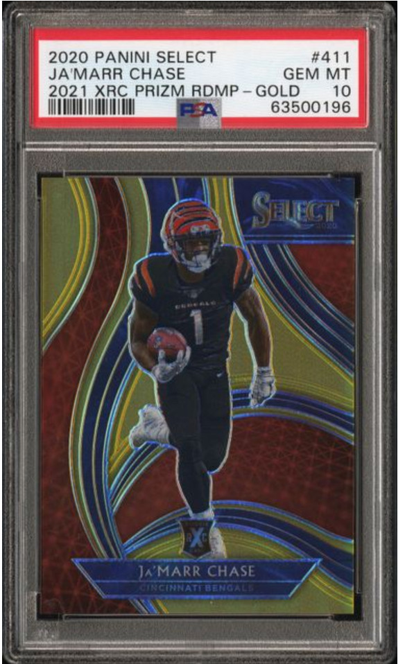 2020 PANINI SELECT 2021 XRC PRIZM REDEMPTION-GOLD /10 Ja'MARR CHASE PSA 10 GEM M