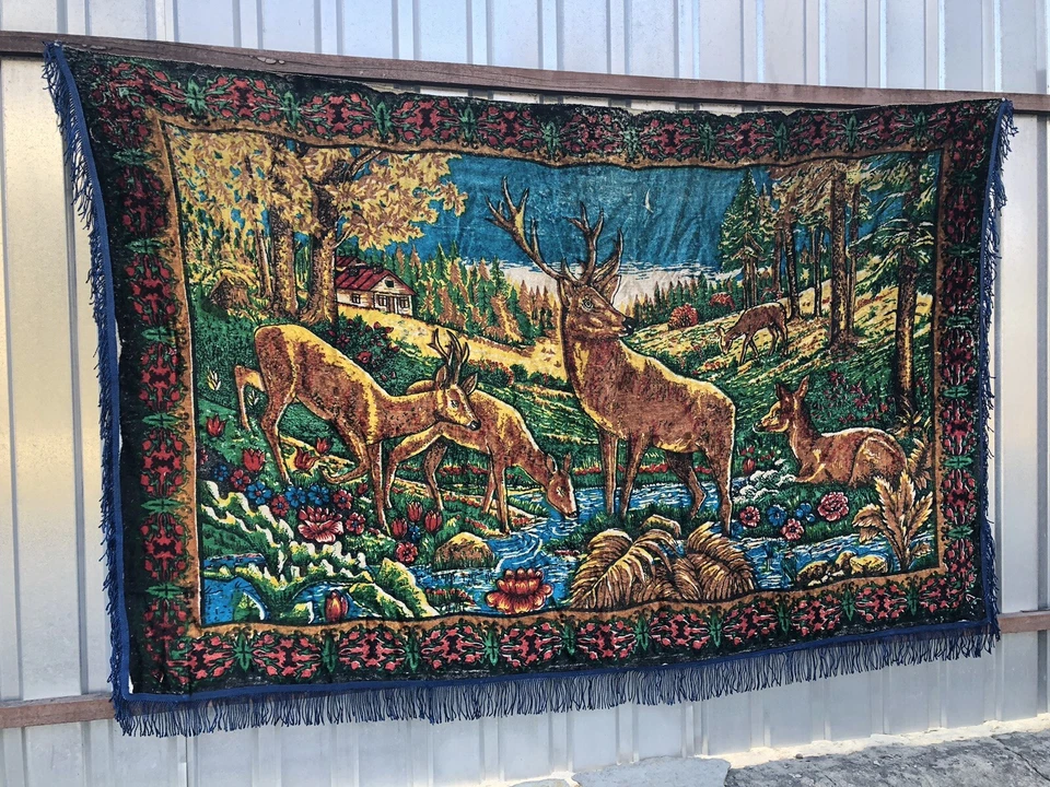 Alfombra de pared de felpa vintage tapiz ciervo URSS en el lugar de riego 2,12-1,30 cm Foto 3 de 4