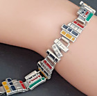 Stack Book Panel Link Bracelet 6.5" 20.6g Vintage 925 Sterling Silver Enamel