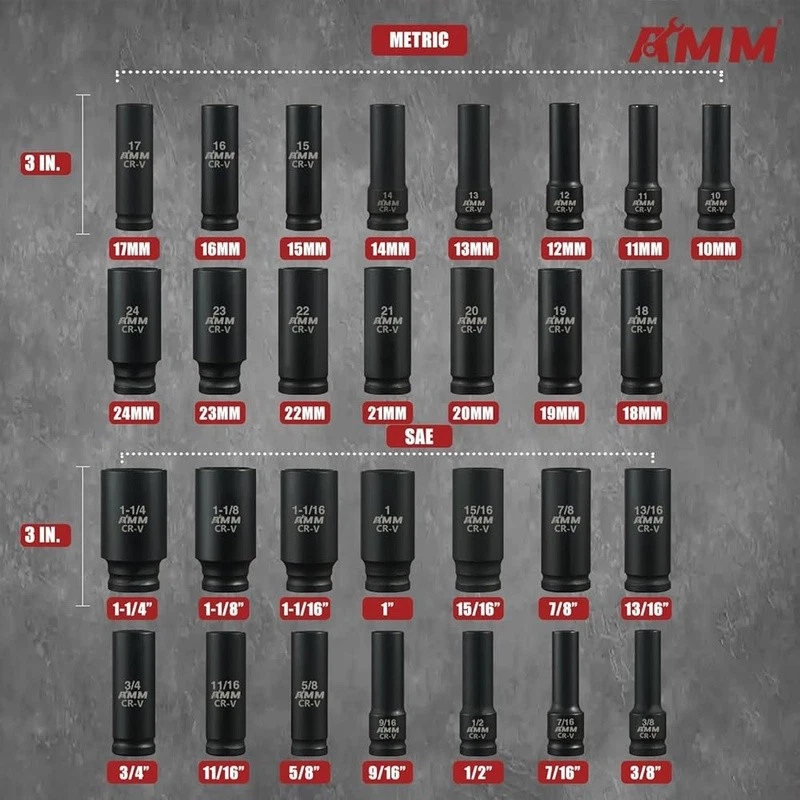 35PCS 1/2 Impact Socket Set Deep Metric SAE Extensions Adapter Toolbox - Image 3 of 4