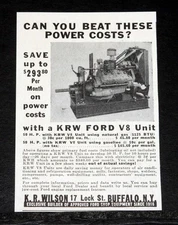 1937 OLD MAGAZINE PRINT AD, K.R. WILSON, KRW FORD V8 POWER UNITS FOR LOW COSTS!