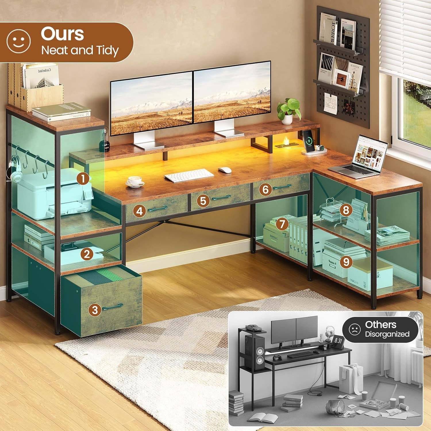 59" L Shaped Gaming Desk with 4 Drawers and LED Lights, Reversible Computer Desk