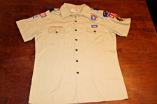 Boy Scouts of America BSA Men's Shirt Tan Large Glued Patches Short Sleeve