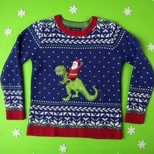 Blizzard Bay Youth LG 14/16 Ugly Christmas Sweater Santa riding Dinosaur w/Bells