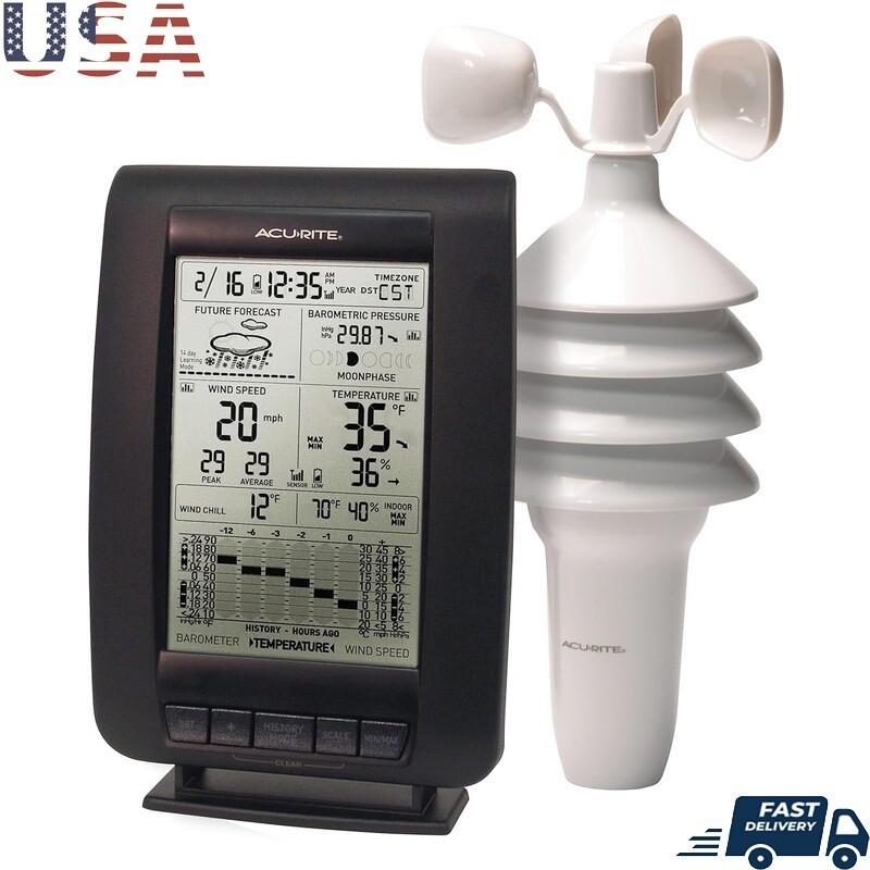 Wireless Weather Station W/ Wind Sensor Self-Calibrating Atomic Clock Mount New