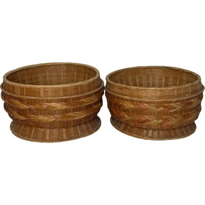 Vtg Wicker Rattan Basket Set of 2 Round Planter Holders Boho Home Decor Natural