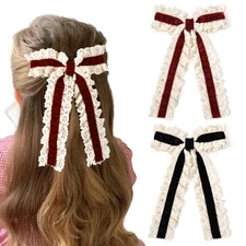 2PCS Velvet, Lace Hair Bows, Black, Red, Fall Alligator Clips, Big, Women