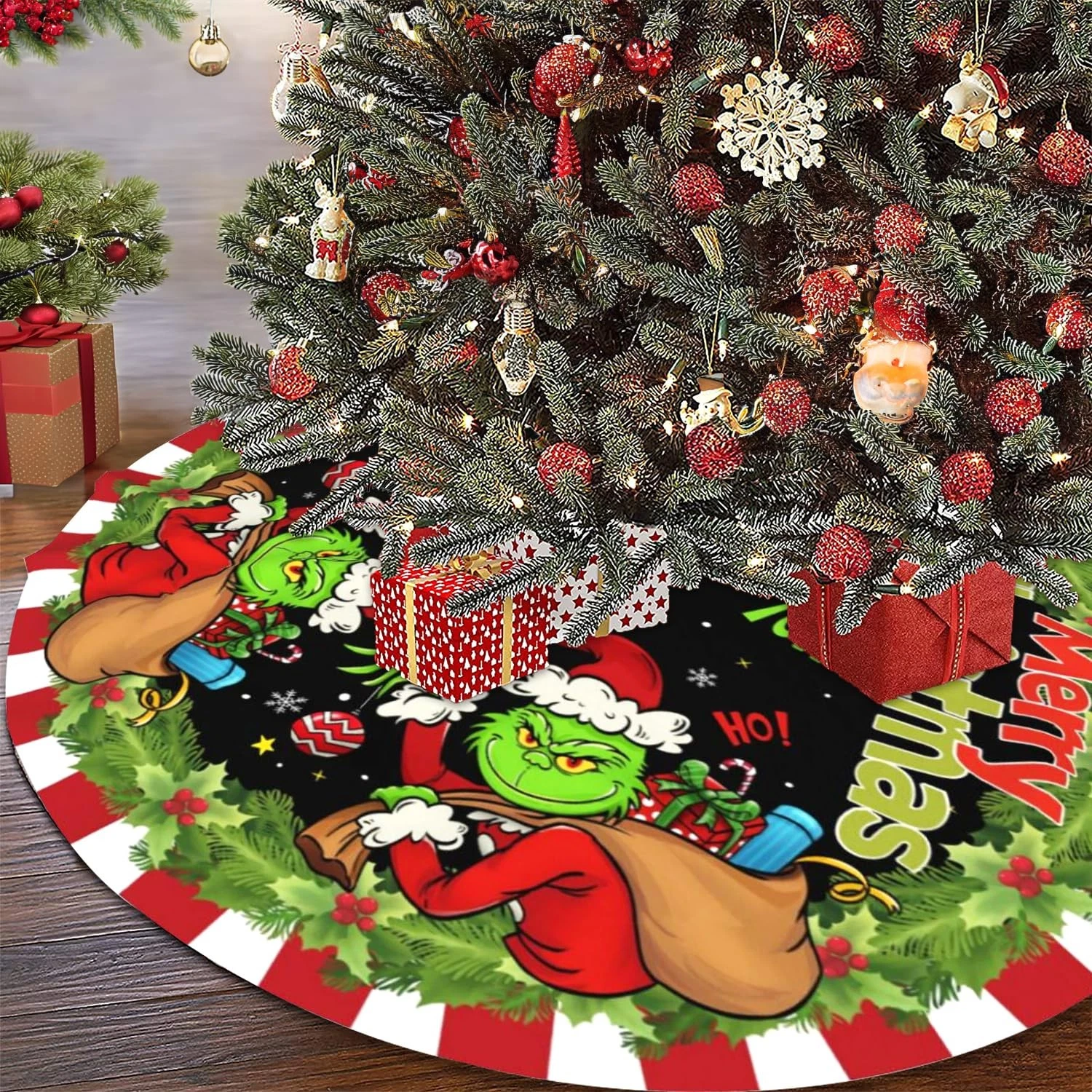 Santa Character Christmas Tree Skirt, Snowflakes Design, Holiday Tree Decor