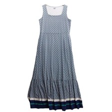 Lands End Sleeveless Maxi Dress Geometric Print Tiered Ruffle Trim Sz M