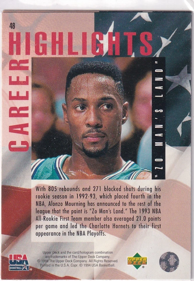1994 Upper Deck USA Basketball N. 46 Alonzo Mourning Carriera Highlights - Immagine 2 di 2