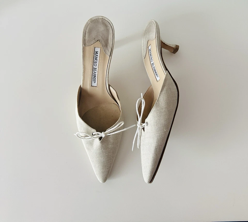 Mules Manolo Blahnik Vintage Beige Lino Punta Con Lazo Encaje Blanco Talla 37 Foto 2 de 4