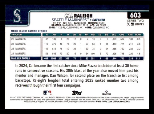 2025 Topps #603 Cal Raleigh Seattle Mariners - 第 2/2 張圖片