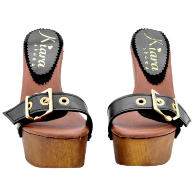 Sandales Compensées En Cuir Noir KIARA SHOES - Talon Très Haut 13cm - Boucle - Tailles 35 à 41 EU - Made In Italy
