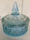 Indiana Tiara Glass Princess Diamond Point Ice Blue Round Lidded Candy Dish