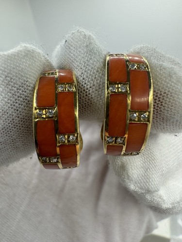 Massive 18 Karat Gold Vintage Koralle & Diamant Ohrclips / 11,7 g / 20 mm x 6,5 mm - Bild 10 von 14