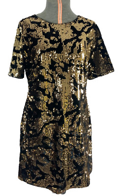 F&F KLEID 14 SCHWARZ GOLD Pailletten Kurzarm Tunika Midi kurz Anlass formell
