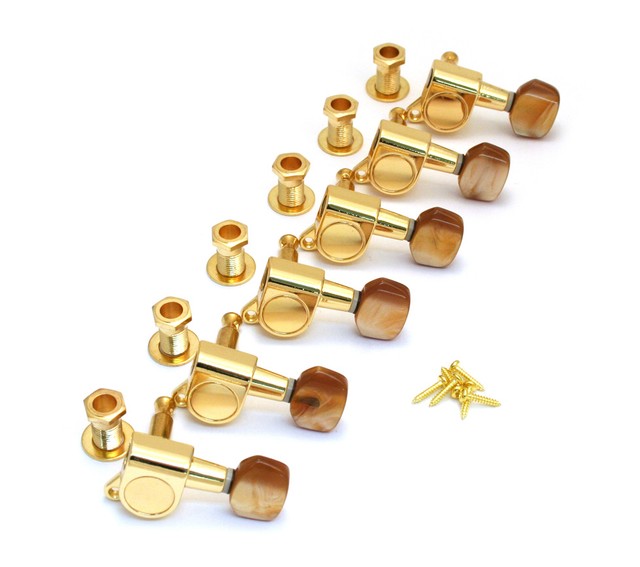 Gold w/Brown Pearloid Button Sealed 6 Inline Mini Guitar Tuners EGTIL